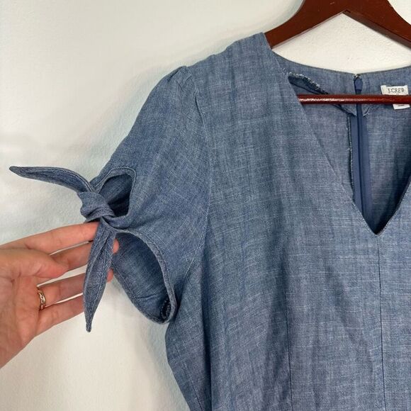 J.Crew Factory Blue Denim Chambray Faux Wrap Mini Dress Women 12 Minimalist Chic - Picture 3 of 12
